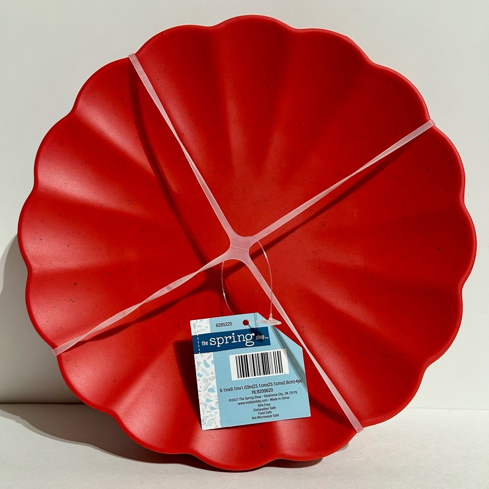 Coral Red Salmon Scalloped Melamine Dessert Salad Plates 8” Set 4 NEW Spring